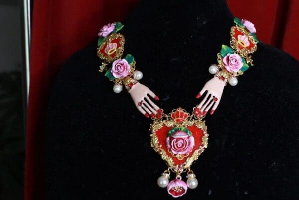 SOLD! 9429 Baroque Black Sacred Hearts Hands Roses Massive Necklace
