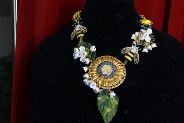 SOLD! 9430 Baroque Enamel Sunflower Bee Necklace Choker
