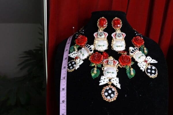 SOLD! 9431 Set Of Baroque Enamel Cats Red Rhinestone Sicilian Necklace+ Earrings - Image 5