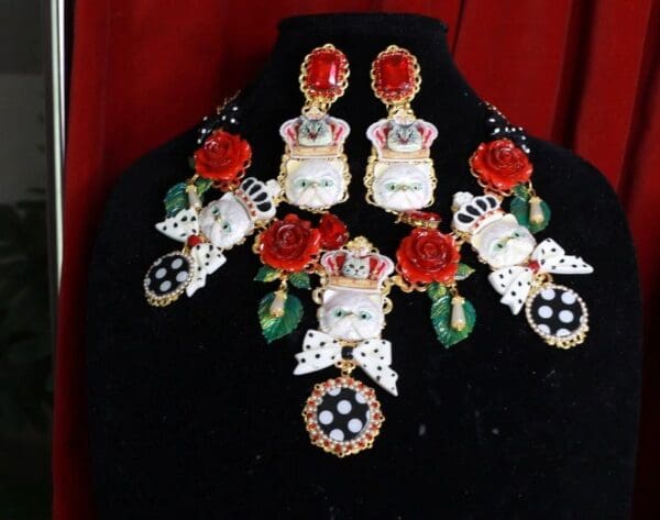 SOLD! 9431 Set Of Baroque Enamel Cats Red Rhinestone Sicilian Necklace+ Earrings