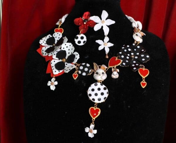 SOLD! 9432 Set Of Polka Dot Trendy Massive Flowers Enamel Bunny Necklace+ Earrings