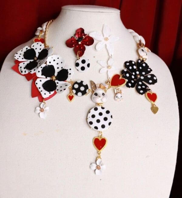 SOLD! 9432 Set Of Polka Dot Trendy Massive Flowers Enamel Bunny Necklace+ Earrings - Image 2