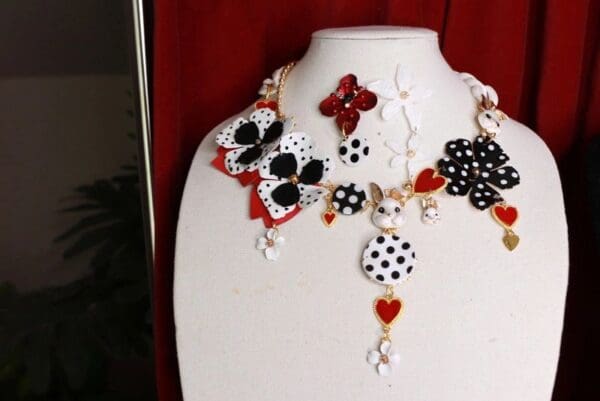SOLD! 9432 Set Of Polka Dot Trendy Massive Flowers Enamel Bunny Necklace+ Earrings - Image 3