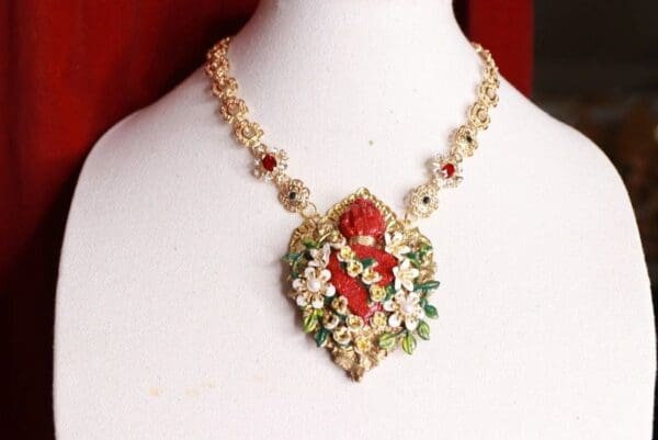 SOLD! 9433 Baroque Hand Painted Sacred Heart Flower Blossom Pendant Necklace