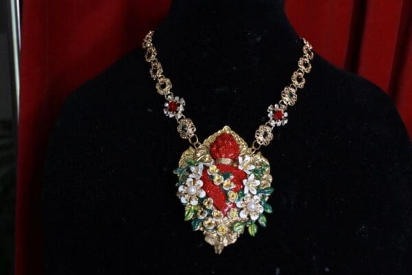 SOLD! 9433 Baroque Hand Painted Sacred Heart Flower Blossom Pendant Necklace - Image 4