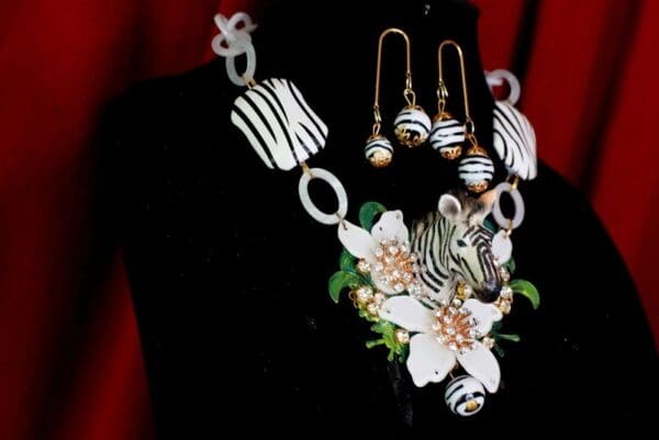 SOLD! 9438 Set Of Art Deco Faced Zebra Flowers Hand Painted Massive Necklace+ Earrings