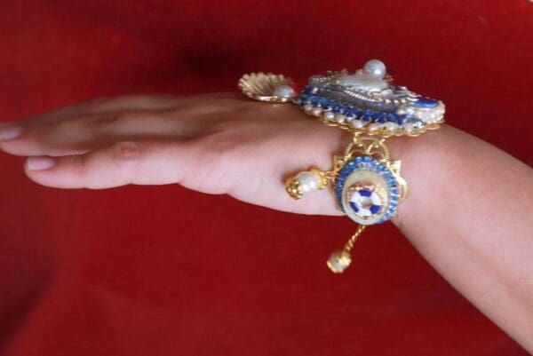 SOLD! 9440 Genuine Blue Botswana Agate Biwa Pearl Mother Of Pearl Sterling Silver Seahorse Crystals Bracelet - Image 4