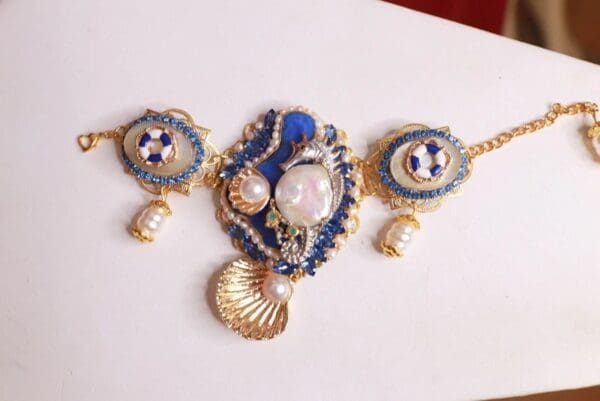 SOLD! 9440 Genuine Blue Botswana Agate Biwa Pearl Mother Of Pearl Sterling Silver Seahorse Crystals Bracelet - Image 5