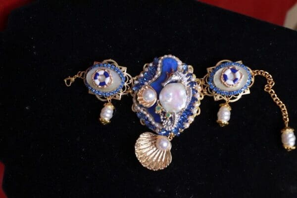 SOLD! 9440 Genuine Blue Botswana Agate Biwa Pearl Mother Of Pearl Sterling Silver Seahorse Crystals Bracelet - Image 6