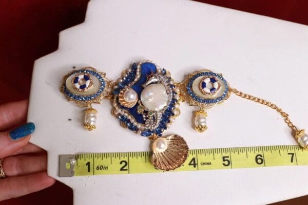 SOLD! 9440 Genuine Blue Botswana Agate Biwa Pearl Mother Of Pearl Sterling Silver Seahorse Crystals Bracelet - Image 7