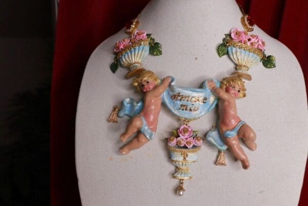 SOLD! 9452 Amore Mio Baroque Hand Painted Musical Cherubs Angels Vases Necklace