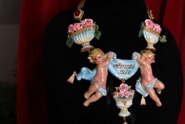 SOLD! 9452 Amore Mio Baroque Hand Painted Musical Cherubs Angels Vases Necklace - Image 3
