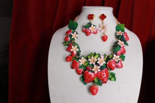 SOLD! 9458 Set Of Art Nouveau Vivid Hand Painted Strawberry Massive Necklace+ Earrings - Image 2