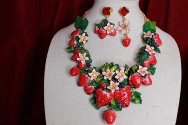 SOLD! 9458 Set Of Art Nouveau Vivid Hand Painted Strawberry Massive Necklace+ Earrings - Image 3