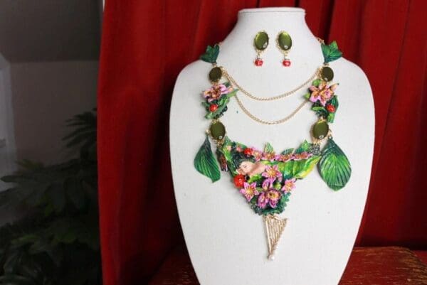SOLD! 9463 Set Of Art Jewelry Sleeping Baby Oak Necklace+ Earrings - Image 4
