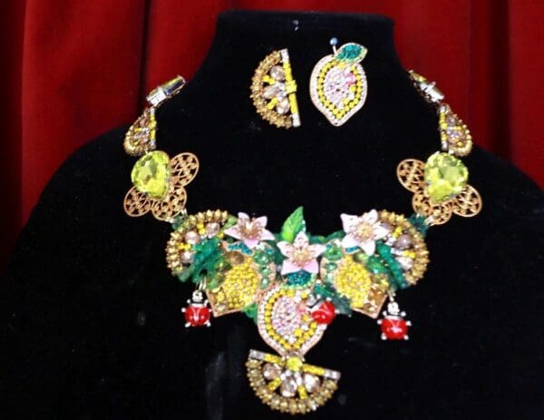 SOLD! 9487 Set Of Baroque Rhinestone Sicilian Lemon Fruit Necklace+ Earrings