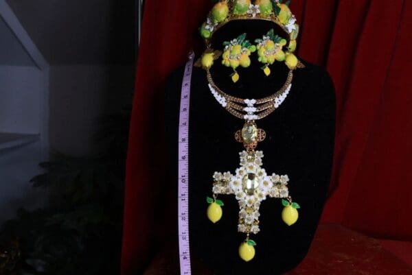 SOLD! 9514 Baroque 3D Effect One Large Lemon Fruit Cross Statement Necklace - Image 6