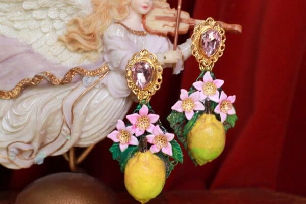 SOLD! 9530 Baroque Large Lemon Fruit Flower Blossom Pink Earrings - Image 4