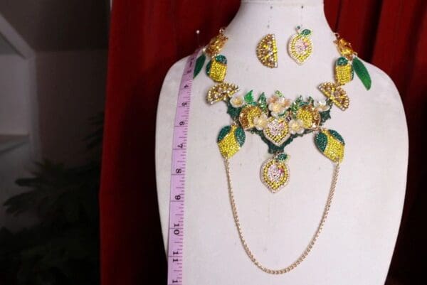 SOLD! 9536 Set Of Baroque Rhinestone Sicilian Lemon Fruit Necklace+ Earrings - Image 4