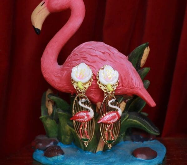 SOLD! 9549 Tropical Flamingo Cage Enamel Earrings