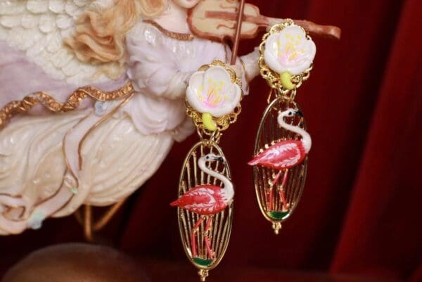 SOLD! 9549 Tropical Flamingo Cage Enamel Earrings - Image 3