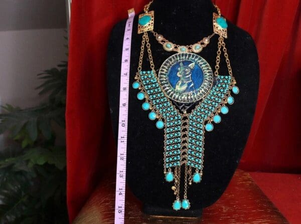 SOLD! 9555 Egyptian Revival Hand Painted Bastet Iridescent 3D Effect Statement Huge Necklace - Image 5