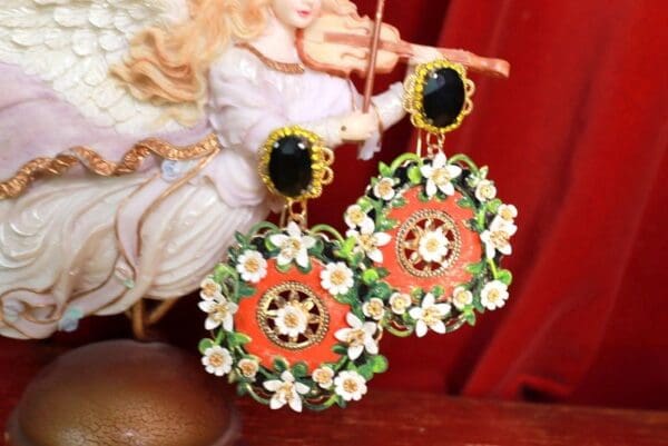 SOLD! 9568 Baroque Enamel Flower Blossom Orange Earrings