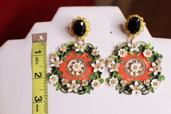 SOLD! 9568 Baroque Enamel Flower Blossom Orange Earrings - Image 4