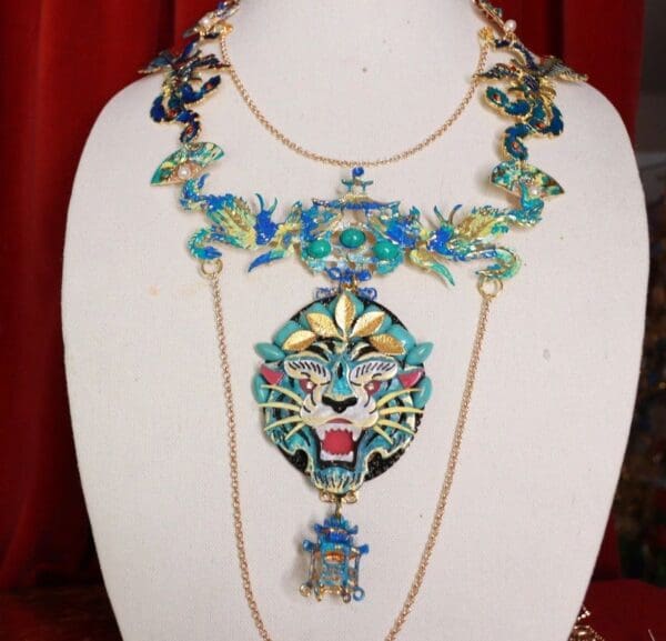 SOLD! 9571 Asian Revival Japanese Tiger Peacock Large Necklace - Image 4