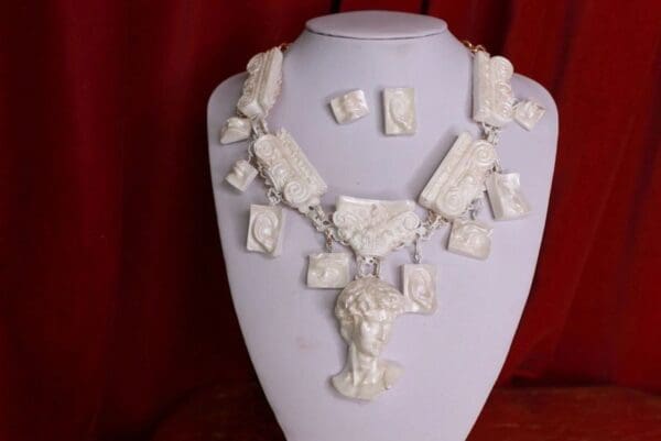 SOLD! 9572 Set Of Roman Revival Statues Sculptures Large Necklace+ Earrings - Image 2
