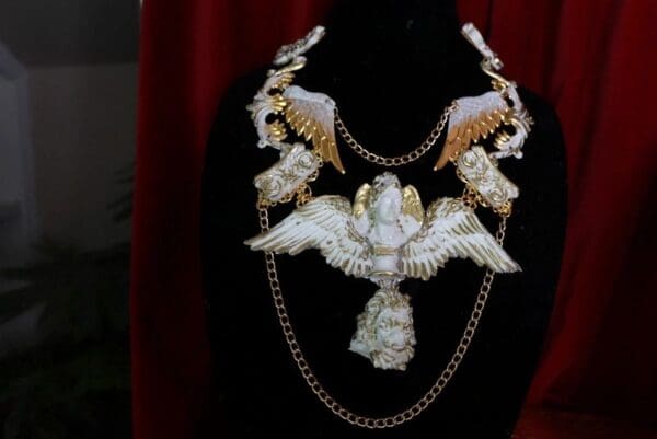 SOLD! 9574 Roman Statues Art Jewelry 3D Effect Hand Painted White Winged Gold Collar Necklace