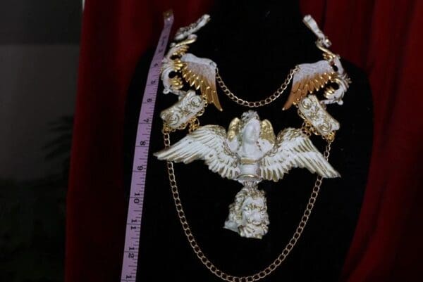 SOLD! 9574 Roman Statues Art Jewelry 3D Effect Hand Painted White Winged Gold Collar Necklace - Image 5