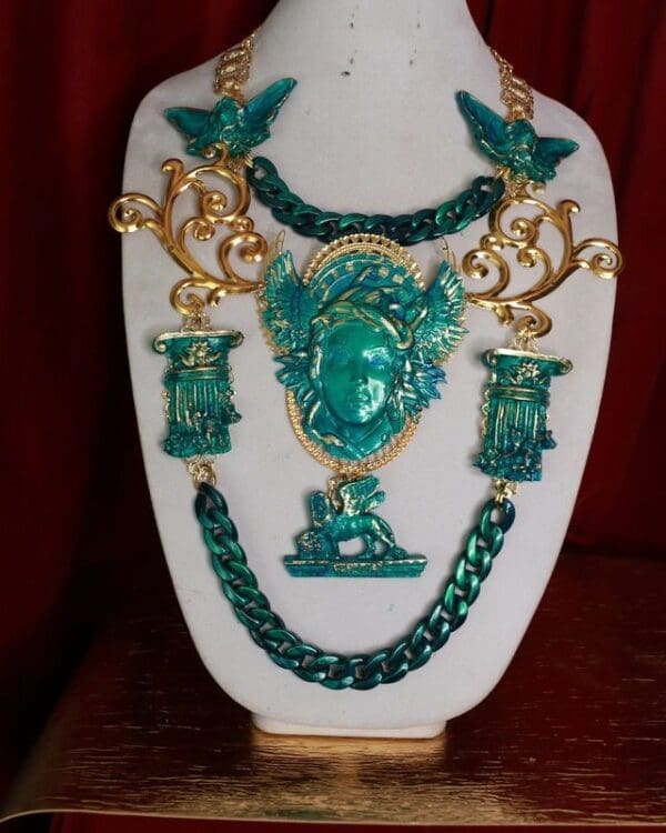 9572 SOLD! Roman Medieval Art Jewelry 3D Effect Hand Painted Medusa Gorgon Malachite Stone effect Necklace