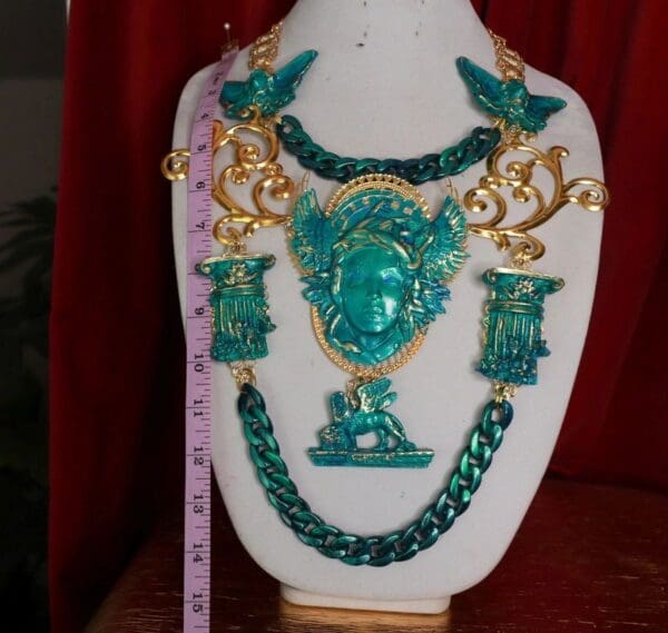 9572 SOLD! Roman Medieval Art Jewelry 3D Effect Hand Painted Medusa Gorgon Malachite Stone effect Necklace - Image 3