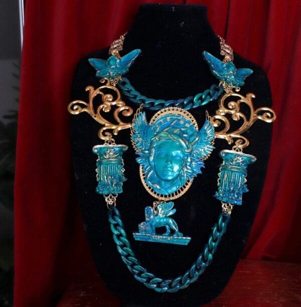 9572 SOLD! Roman Medieval Art Jewelry 3D Effect Hand Painted Medusa Gorgon Malachite Stone effect Necklace - Image 5
