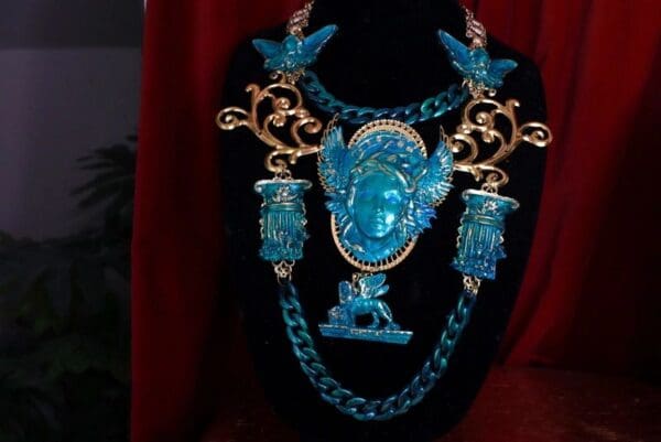 9572 SOLD! Roman Medieval Art Jewelry 3D Effect Hand Painted Medusa Gorgon Malachite Stone effect Necklace - Image 6