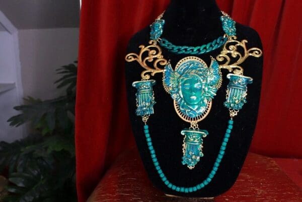 SOLD! 9577 Medieval Art Jewelry 3D Effect Hand Painted Medusa Gorgon Malachite Stone effect Necklace - Image 5