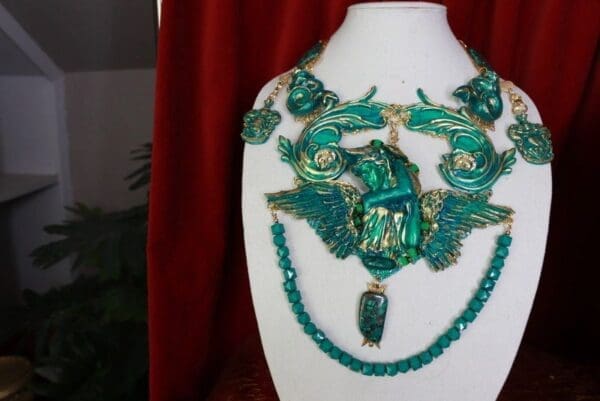 SOLD! 9580 Set Of Roman Statues Art Jewelry 3D Effect Hand Painted Malachite Stone effect Necklace+ Earrings - Image 4