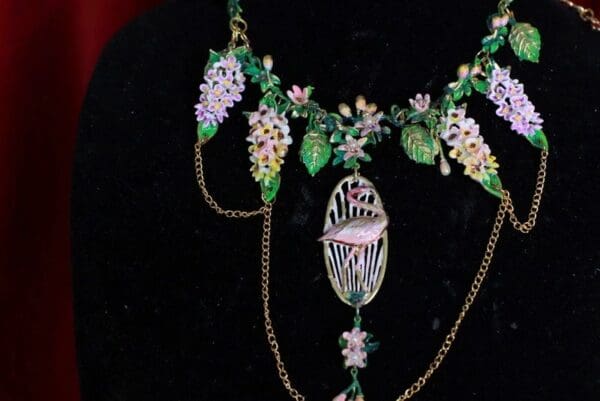 SOLD! 9595 Enamel Flamingo hydrangea Flowers Elegant Necklace - Image 2