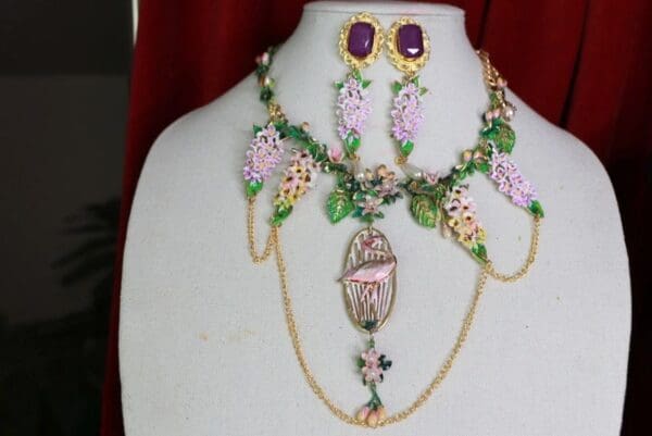 SOLD! 9595 Enamel Flamingo hydrangea Flowers Elegant Necklace - Image 5