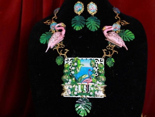 SOLD! 9596 Set Of Enamel Flamingo Florida Necklace+ Earrings - Image 4