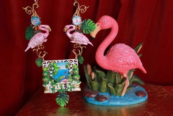 SOLD! 9596 Set Of Enamel Flamingo Florida Necklace+ Earrings - Image 2