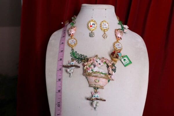 SOLD! 9601 Set Of Hand Painted Cat Mommy Adorable Necklace+ Earrings - Image 6