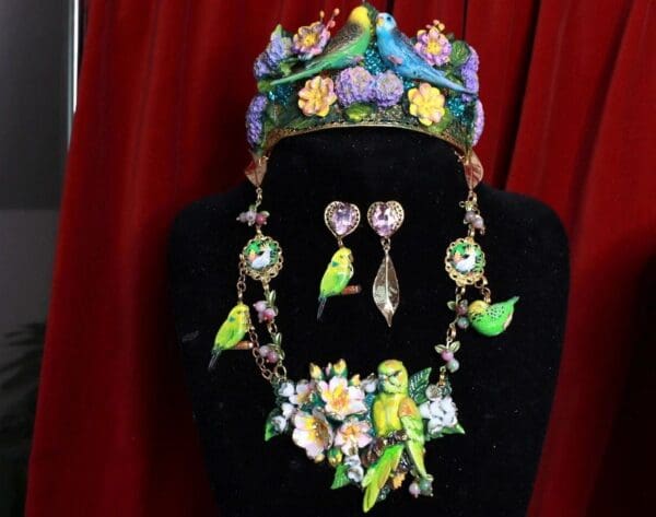 SOLD! 9606 Set Of Hand Painted Vivid Parrot Necklace+ Earrings