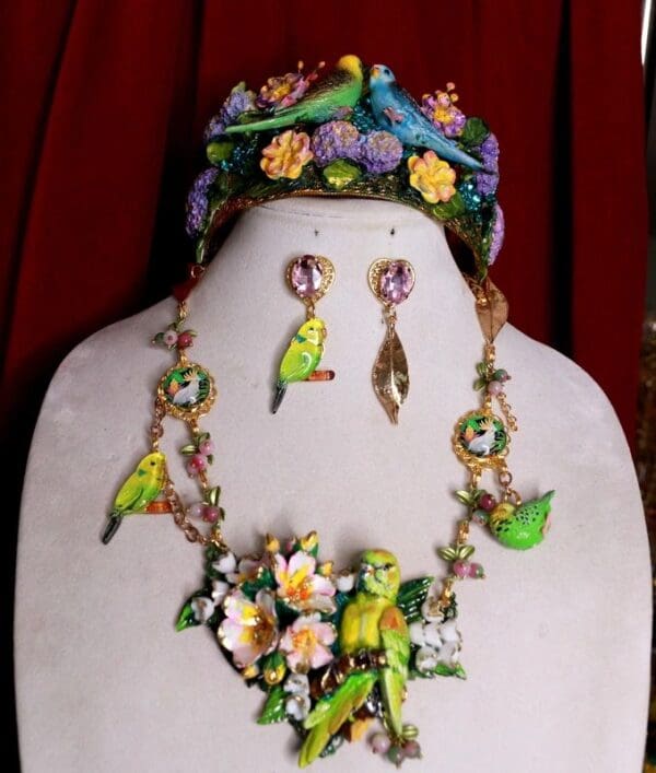 SOLD! 9606 Set Of Hand Painted Vivid Parrot Necklace+ Earrings - Image 2