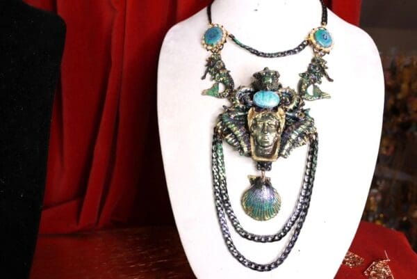 SOLD! 9612 Nautical Dark Series Mermaid Seahorses Art Jewelry 3D Effect Hand Painted Huge Necklace - Image 4