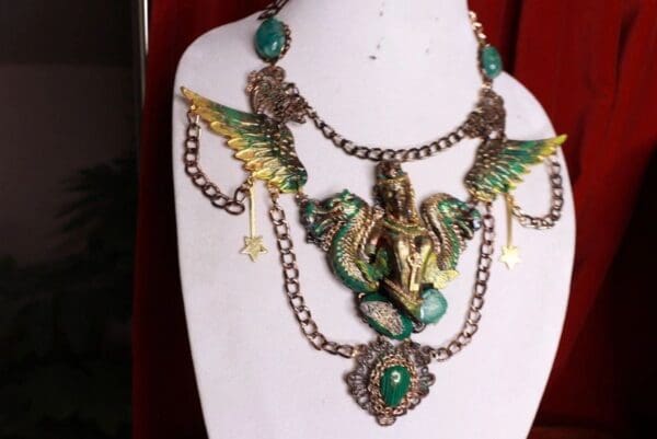 SOLD! 9621 Dark Series Art Jewelry 3D Effect Bronze Patina Greek Goddess Warrior Dragons Huge Necklace - Image 3