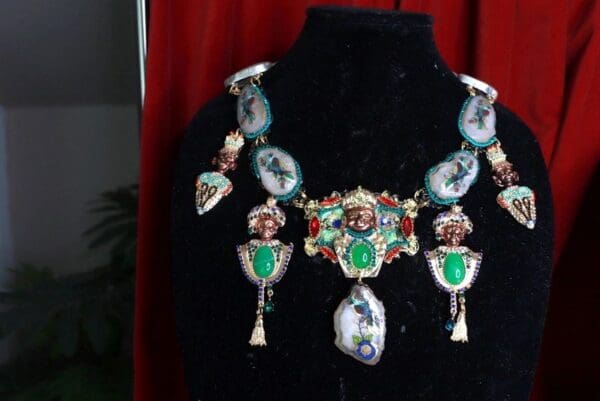 SOLD! 9633 Indian Revival With Hand Painted Parrots On Genuine Agate Large Necklace