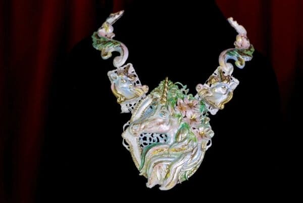 SOLD! 9636 Art Jewelry Pastel Huge Unicorn With Baby Unicorns Huge Unusual Necklace - Image 2