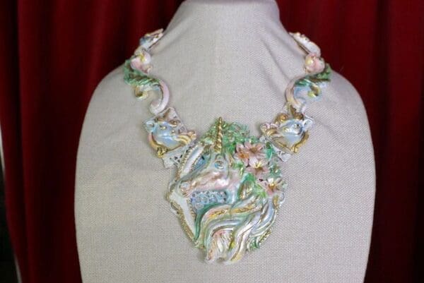 SOLD! 9636 Art Jewelry Pastel Huge Unicorn With Baby Unicorns Huge Unusual Necklace - Image 5